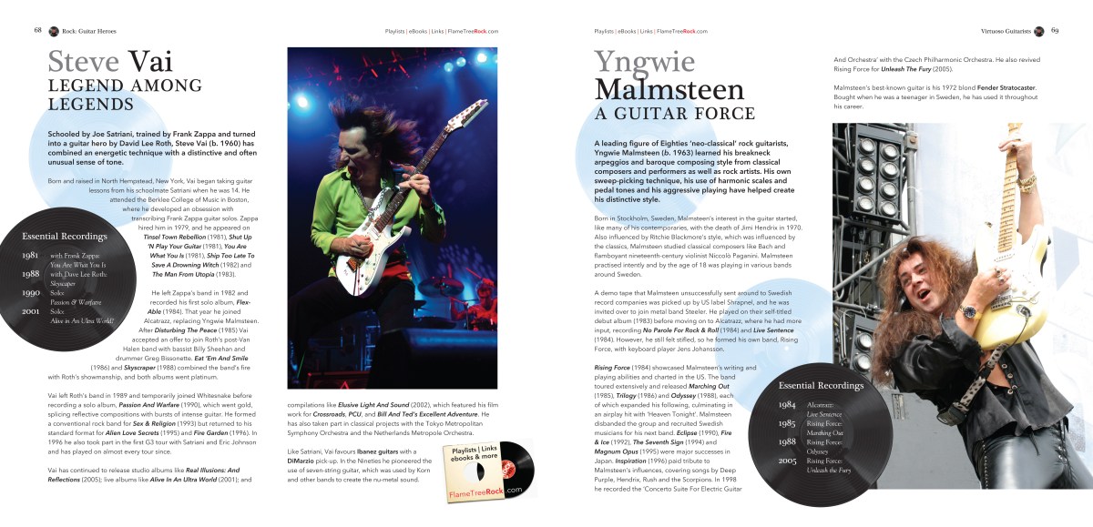 Rock Guitar inside page 2, Flame Tree Music, highly illustrated book, classic rock bands, indie and alternative music