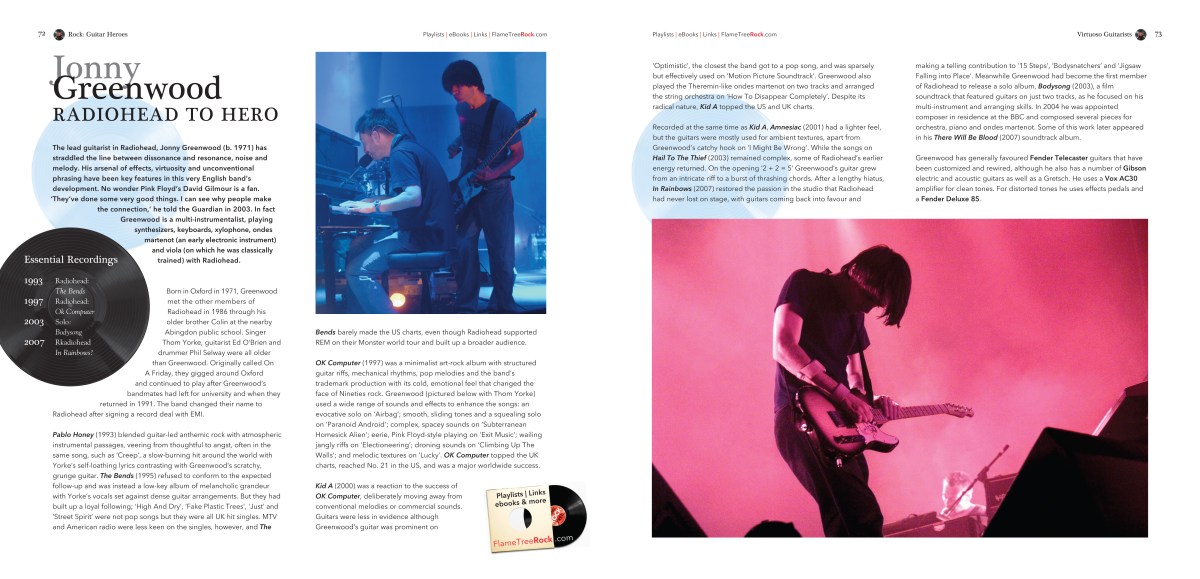 Rock Guitar Heroes inside page 4, Flame Tree Music, highly illustrated book, classic rock bands, indie and alternative music